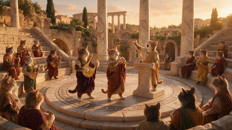 Anthropomorphic cats in Roman togas perform and speak in an ancient stone amphitheater during warm golden sunset.