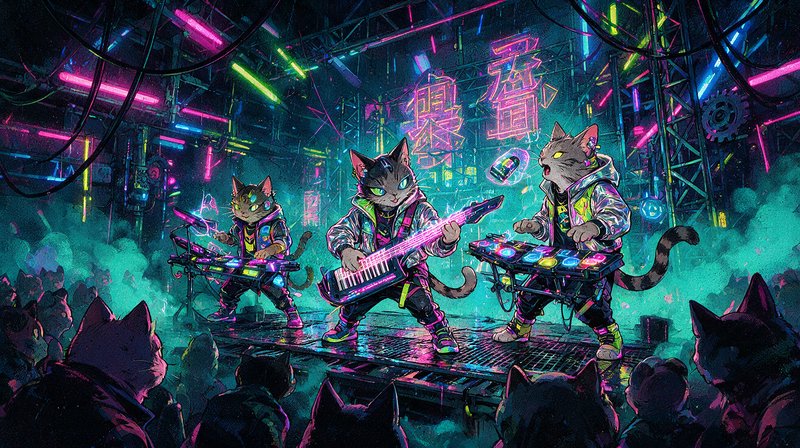 Anthropomorphic cyberpunk cat band plays neon instruments on a lit concert stage for a crowd of feline fans.