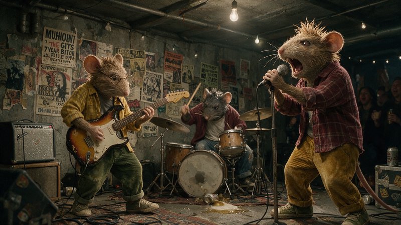 Anthropomorphic rat punk band performs a live set in a gritty, cluttered DIY basement concert venue