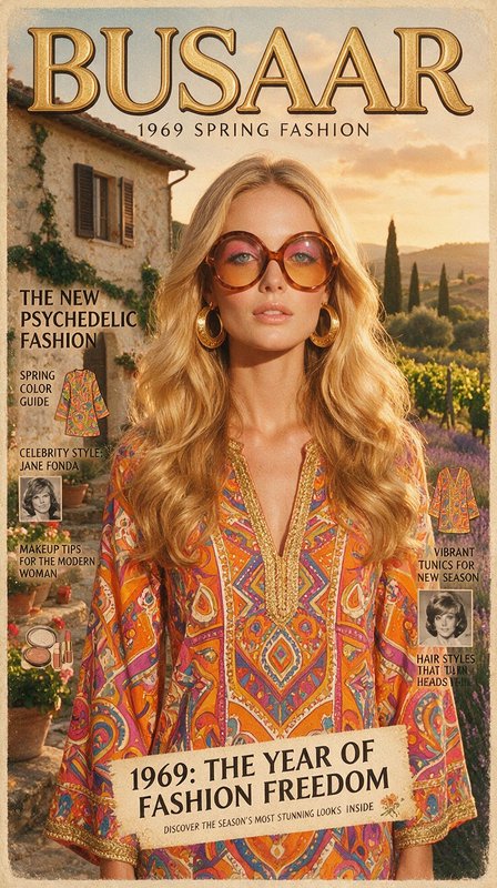 Vintage 1969 spring fashion magazine cover with model in paisley boho tunic against a warm Tuscan sunset landscape