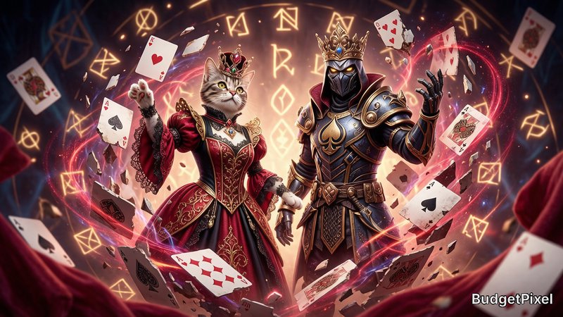 Fantasy card game art, surreal 3D, Queen of Hearts (use the character from the reference image 2) and King of Spades (use the character from the reference image 1) emerging from breaking cards, glowing runes, magical energy swirling around cards, deep royal red and gold color palette, fantasy spell-casting background with arcane symbols, ethereal light, highly detailed faces and intricate crowns, 8k masterpiece, photorealistic, Unreal Engine 5 render, cinematic lighting