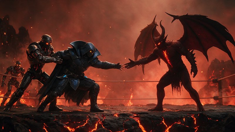 Tense battle in a lava arena, hooded armored warrior reaches for a winged demon as a cyborg soldier holds the warrior back