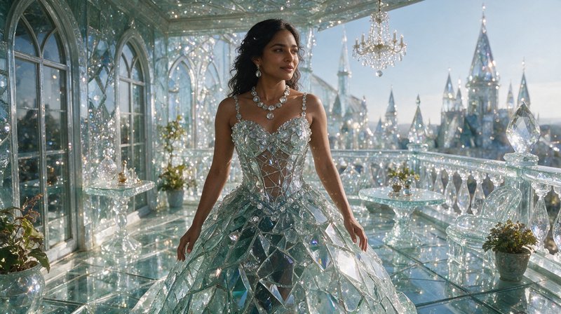 Regal woman in a faceted crystal ballgown stands on a glass palace balcony overlooking a spired crystal castle skyline