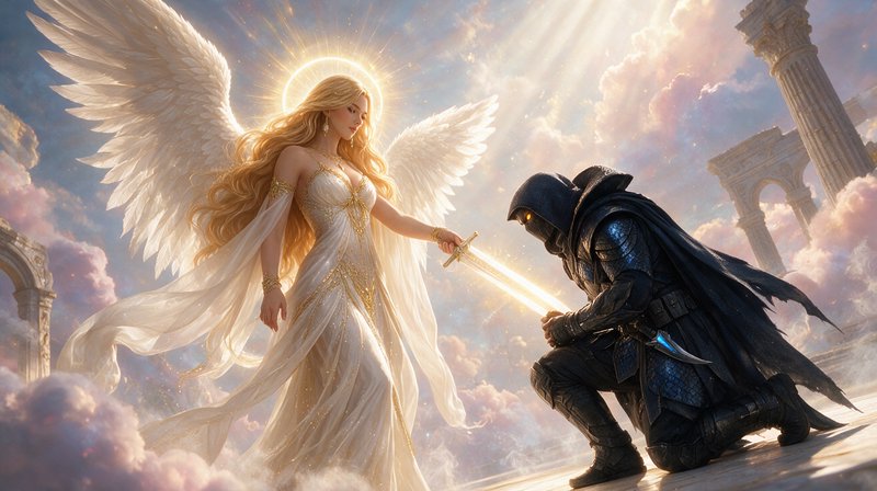 Radiant haloed winged angel knights a kneeling hooded dark armored warrior with a glowing holy sword in a heavenly