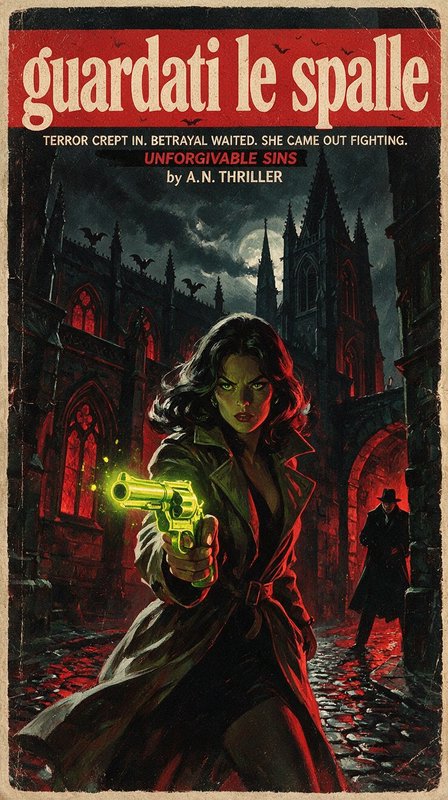 Vintage pulp thriller book cover showing a fierce woman pointing a glowing green gun down a dark gothic moonlit alley