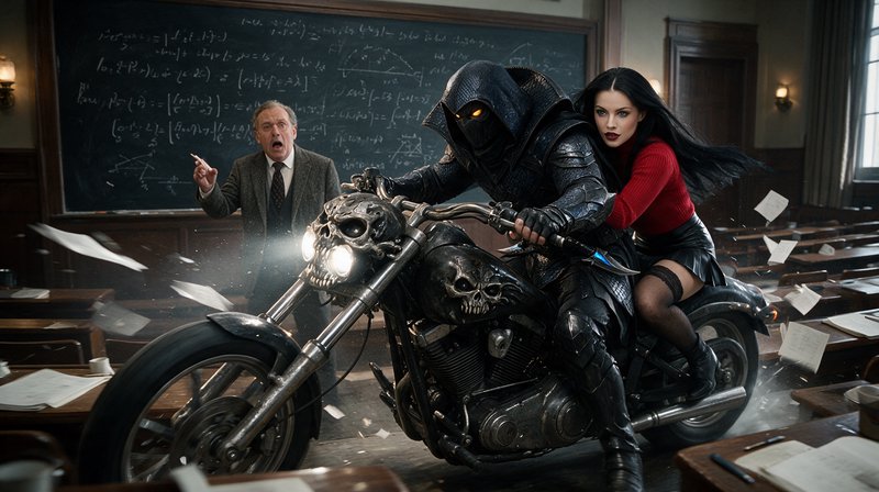 Hooded armored rider on a skull-themed chopper speeds through a college classroom, as a shocked professor reacts and a