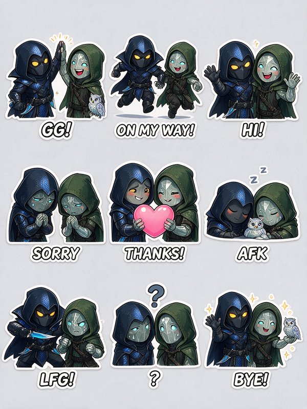 Grid of chibi hooded fantasy rogue gaming stickers with common chat phrase captions