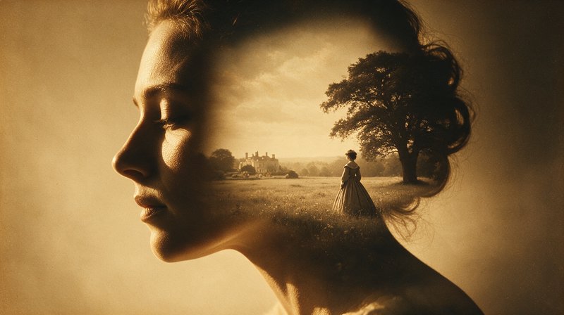 Sepia double exposure artwork merging a pensive woman's profile with a Regency era pastoral countryside landscape