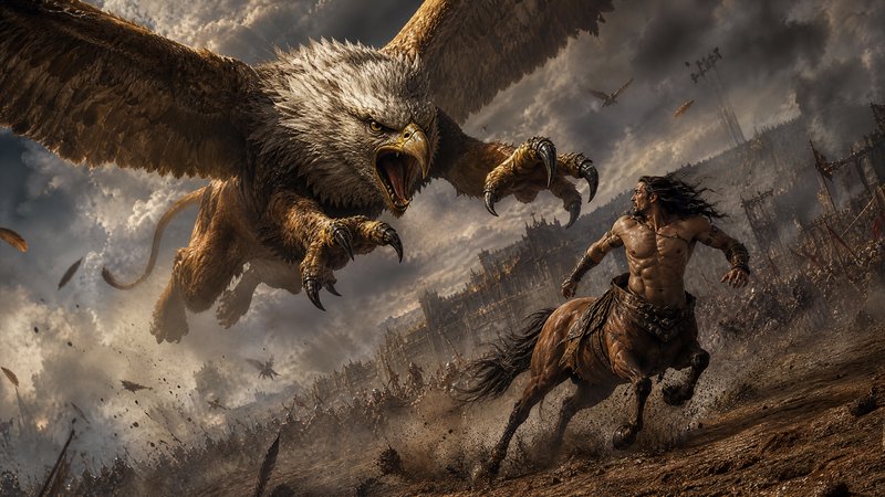 Ferocious giant griffin swoops to attack a muscular centaur warrior charging across a chaotic fan...
