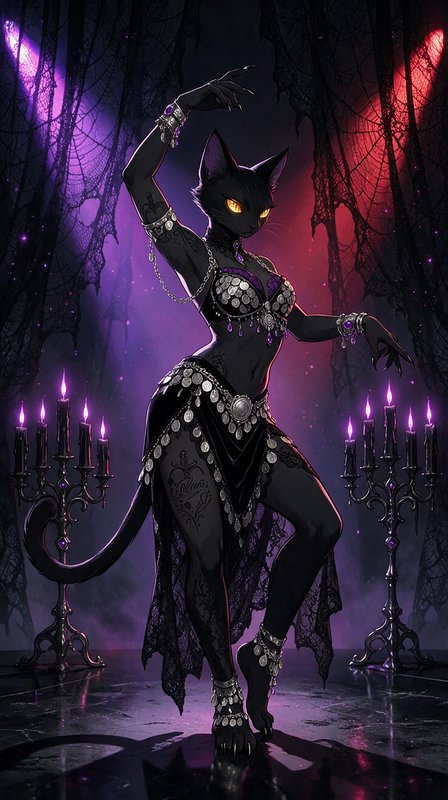 Anthropomorphic black cat belly dancer posed between silver candelabras, in a gothic chamber with...
