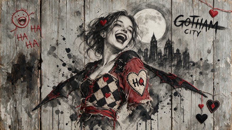 Laughing Harley Quinn illustration with stitched heart details, Gotham skyline full moon, on weat...