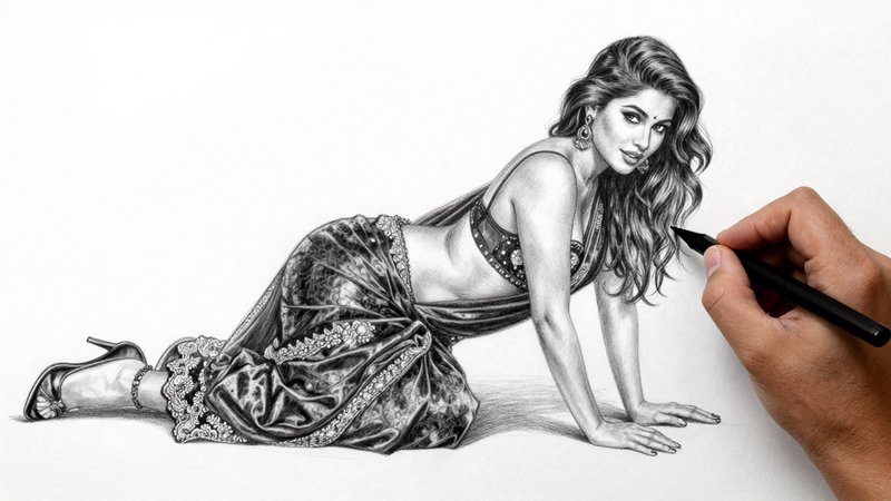 [Artist's hand holding a pencil draws a detailed monochrome sketch of a reclining woman in an ornate embroidered sari]