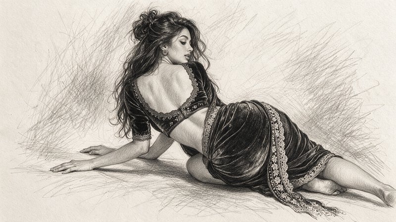 Detailed pencil sketch of an elegant reclining woman in lace-trimmed velvet attire, glancing over...