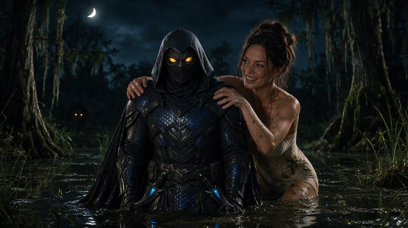 Hooded armored fantasy knight with glowing yellow eyes and smiling woman stand waist-deep in a mo...