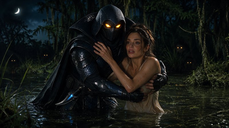 Hooded armored warrior with glowing golden eyes holds a distressed woman standing waist-deep in a...