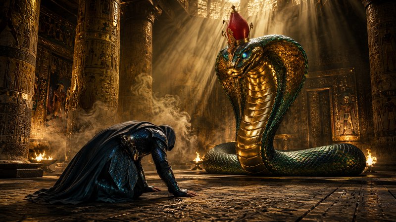 Hooded armored figure bows before a giant crowned golden cobra deity inside a sunlit ancient Egyp...