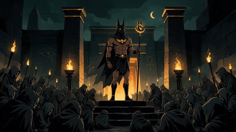 Jackal-headed Anubis stands on a temple dais as hooded skeletal worshippers bow during a midnight ancient Egyptian ritual.