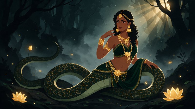 Mythical Naga serpent goddess with ornate gold jewelry, resting in a misty sunlit forest with glo...