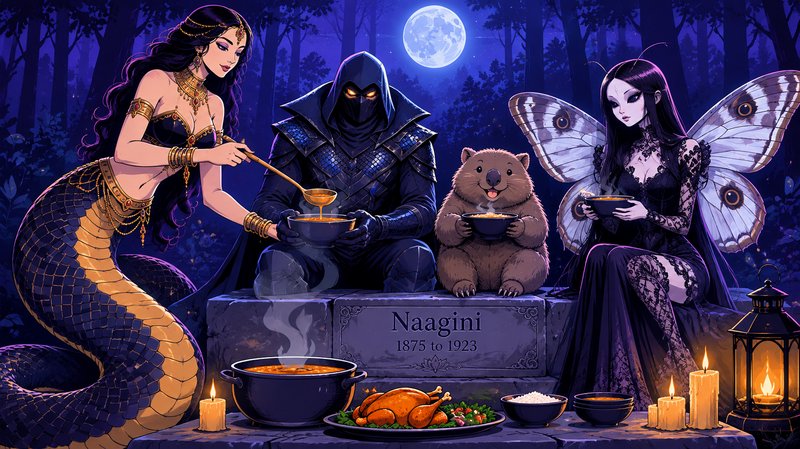 Mythical midnight feast scene with naga, hooded warrior, quokka, and moth fairy seated on a tombs...