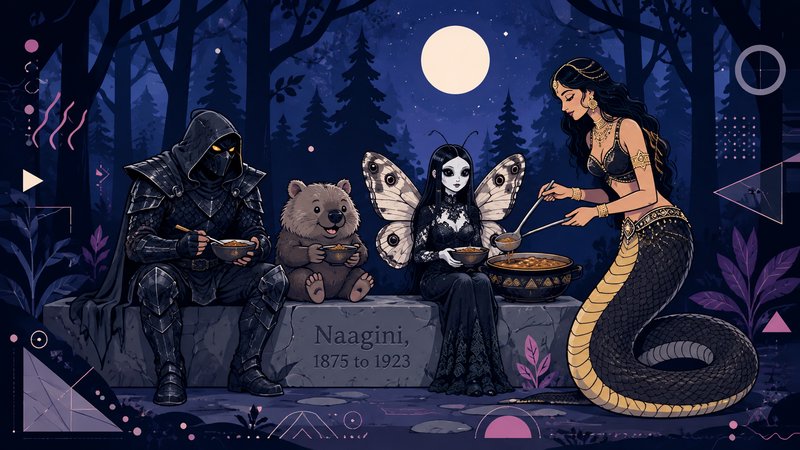 Dark fantasy illustration of magical characters sharing a meal on a gravestone in a moonlit night...