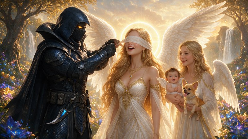 Hooded dark armored knight removes a blindfold from a glowing winged angel, in a sunlit magical g...