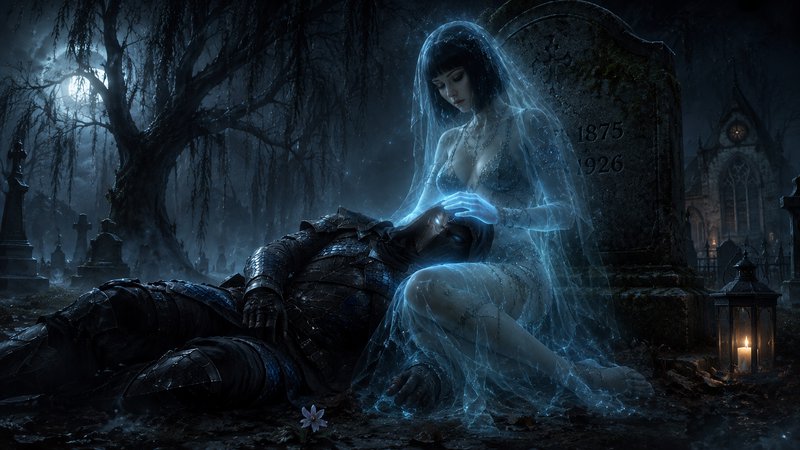 Glowing ethereal ghost bride tenderly holds a fallen armored knight in a misty moonlit gothic cem...