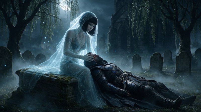 Ghostly translucent veiled woman sits on a mossy gravestone, tenderly touching the face of a fall...