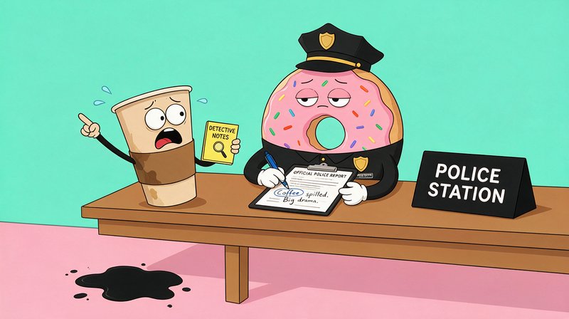 Anthropomorphic pink sprinkled donut police officer takes a report from a panicking takeaway coff...
