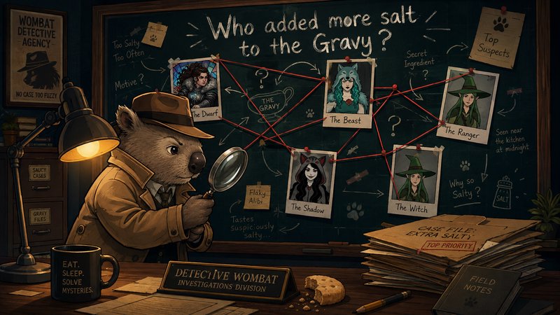 Anthropomorphic wombat detective holds a magnifying glass reviewing a conspiracy clue board for t...