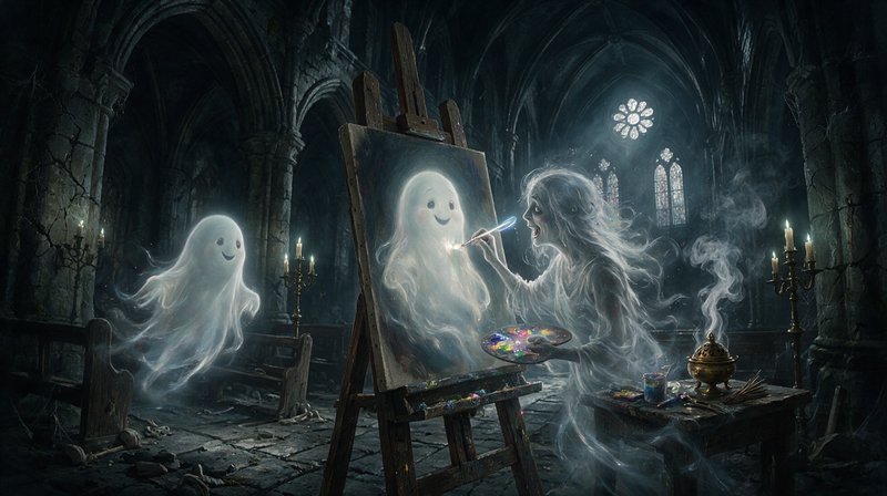 Translucent ghost artist paints a portrait of a smiling friendly floating ghost in a dark ruined gothic cathedral
