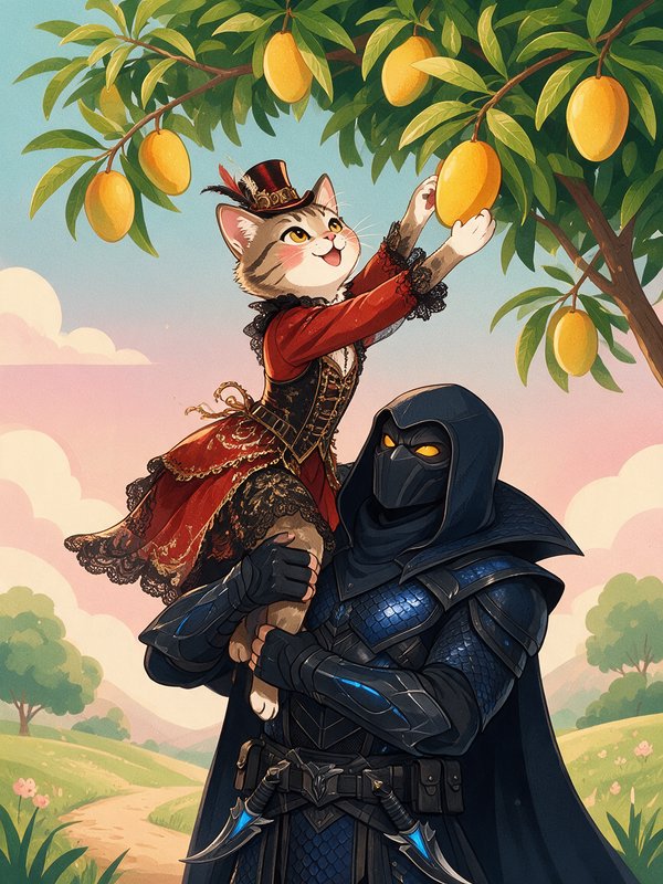 Anthropomorphic fancy cat picks mango while being carried by hooded armored knight under a fruiti...
