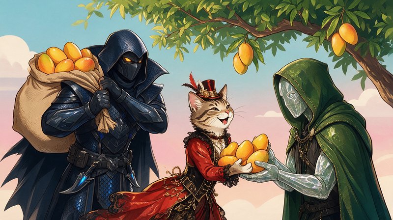 Whimsical fantasy illustration of three characters trading harvested mangoes beneath a mango tree...