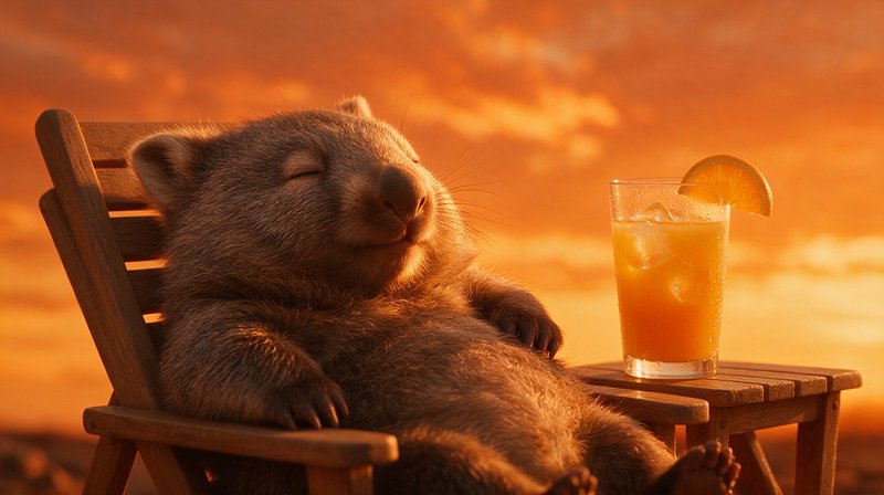 Content sleepy quokka lounges in a wooden beach chair, eyes closed, beside an iced orange drink a...