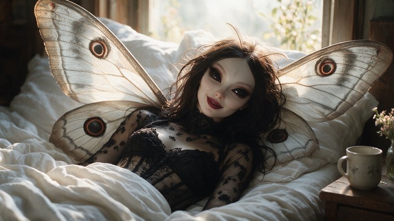 Surreal moth fairy with large dark eyes and translucent eye-spot wings reclines on a sunlit rumpl...