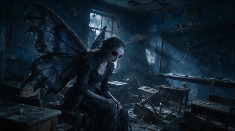 Dark gothic moth fairy with tattered wings sits alone on a desk in a dilapidated abandoned classr...