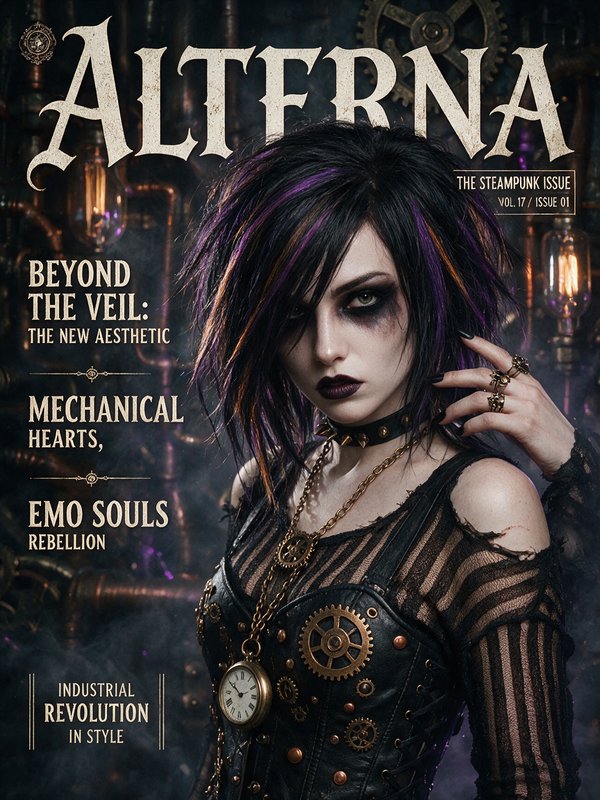 Alterna magazine Steampunk Issue cover featuring a goth steampunk woman with purple streaked hair...