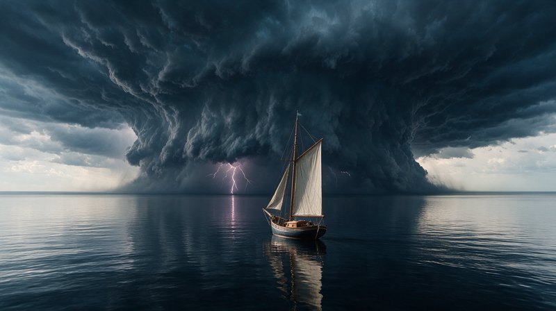 Lone vintage sailboat floats on calm ocean beneath a massive roiling supercell storm with distant...