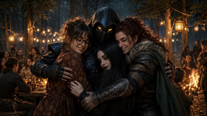 Armored hooded fantasy warrior embraces three smiling women at a lantern-lit nighttime forest feast