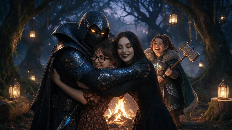 Hooded armored fantasy warrior hugs two smiling women, laughing dwarf companion stands by campfir...