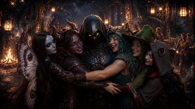 Diverse fantasy adventurer party shares a warm group hug at a lantern-lit misty nighttime forest ...