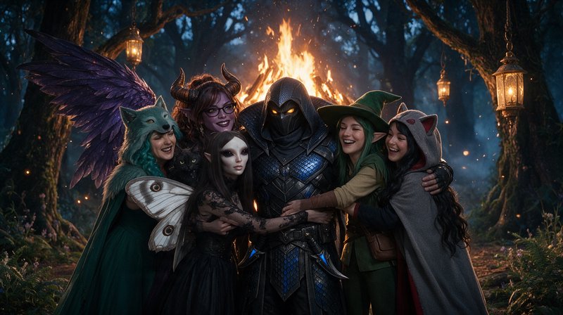 Diverse fantasy adventurer party sharing a joyful group hug around a glowing campfire in a misty ...