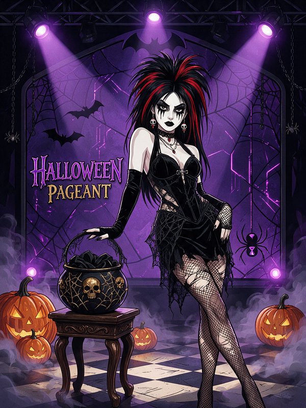Gothic pageant contestant stands on a foggy Halloween stage with jack-o-lanterns, a skull cauldron, and dramatic purple ev...