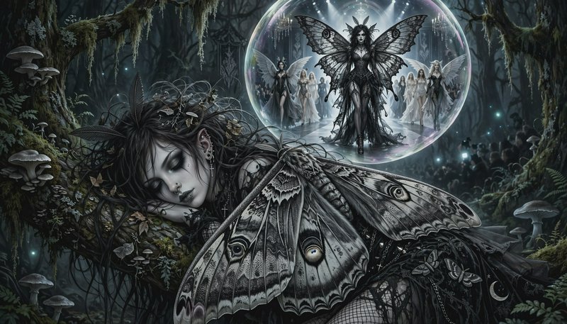 Sleeping goth moth fairy rests on a mossy forest branch, as a glowing crystal bubble overhead dis...