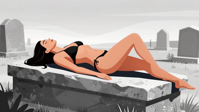 Surreal flat illustration of a woman in a black bikini sunbathing on a stone grave slab in a grav...