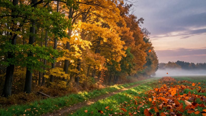 Misty dawn countryside path beside autumn forest, sun glowing through golden fall foliage, fog dr...