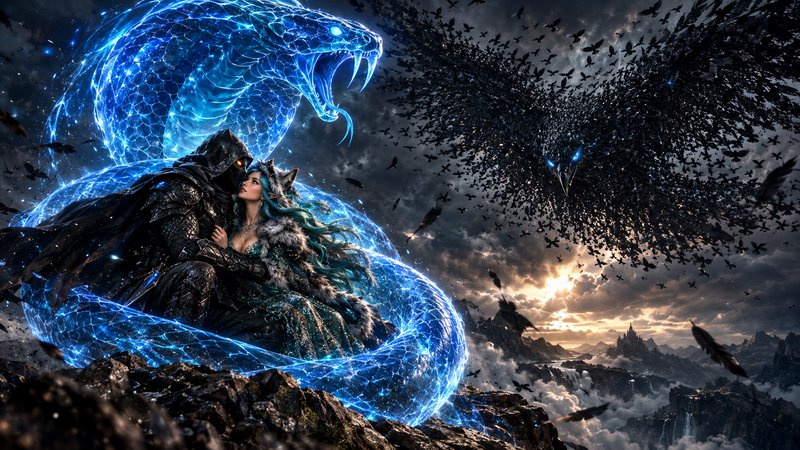 Hooded dark fantasy warrior embraces teal-haired elven woman, glowing blue spectral serpent coile...