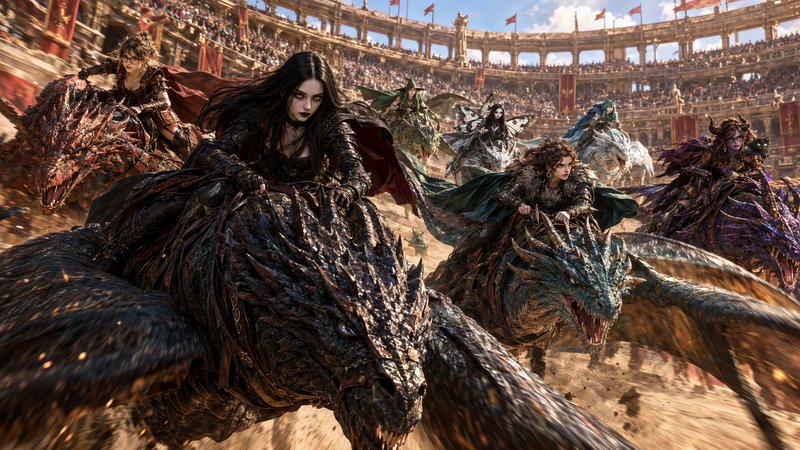 Armored female fantasy dragon riders race scaled dragons across a sandy coliseum track before pac...
