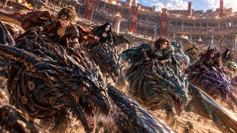 Epic action scene of female fantasy riders racing spiked armored dragons inside a crowded sunlit ...