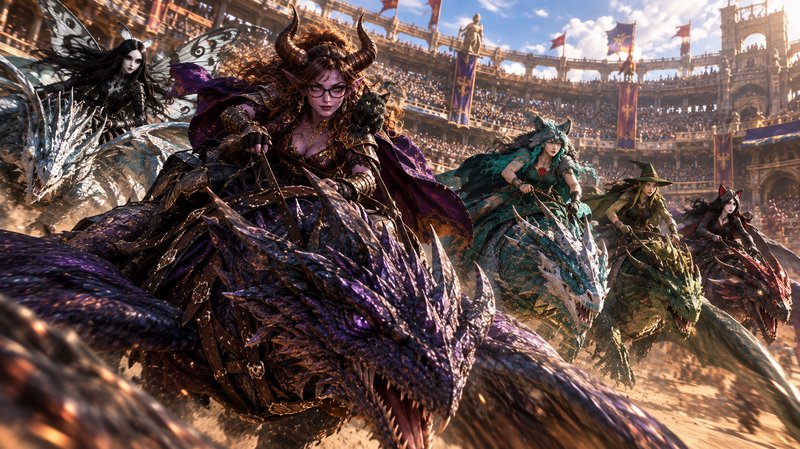 Fantasy female rider lineup racing armored dragons at high speed through a packed sunlit stone co...