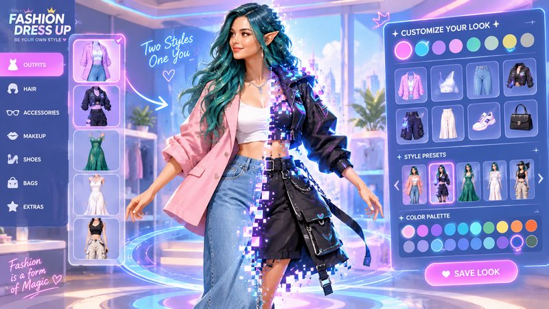 Futuristic fashion dress up game UI showing split outfit comparison on teal-haired elf avatar in ...